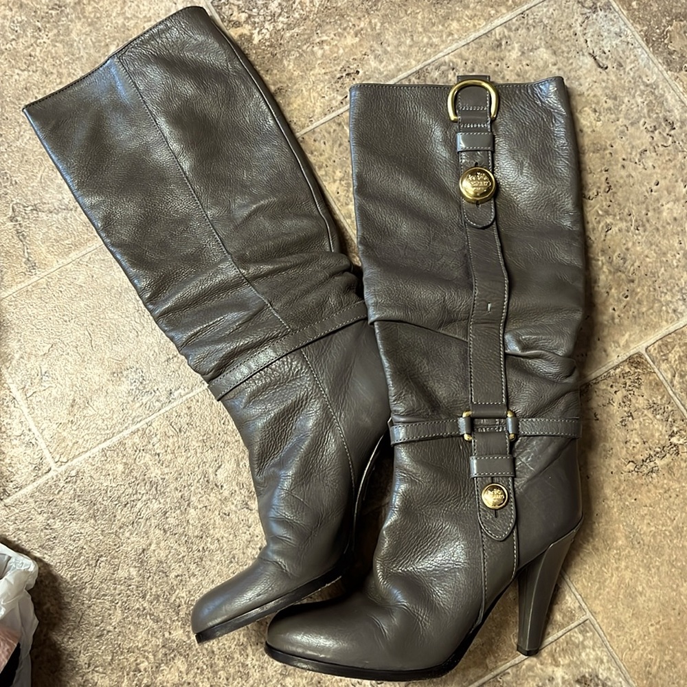Coach gray leather high boots heels size 6